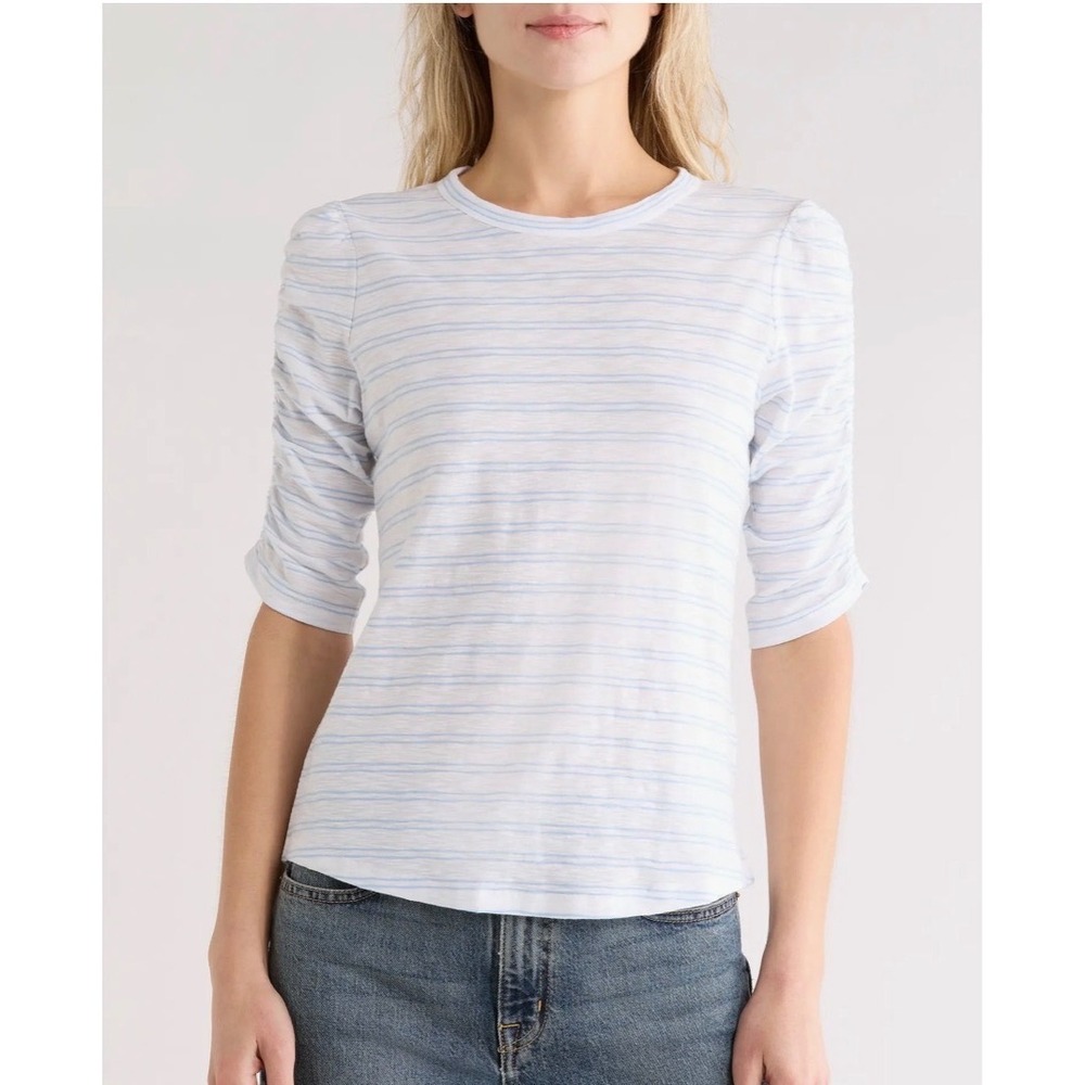Veronica Beard Waldorf Striped Top Women Medium Blue Whited Ruched Pima Cotton